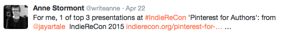 Pinterest for Authors Recommendation Tweet for @JayArtale Presenter at IndieReCon 2015 