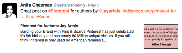 Pinterest for Authors Recommendation Tweet for @JayArtale Presenter at IndieReCon 2015